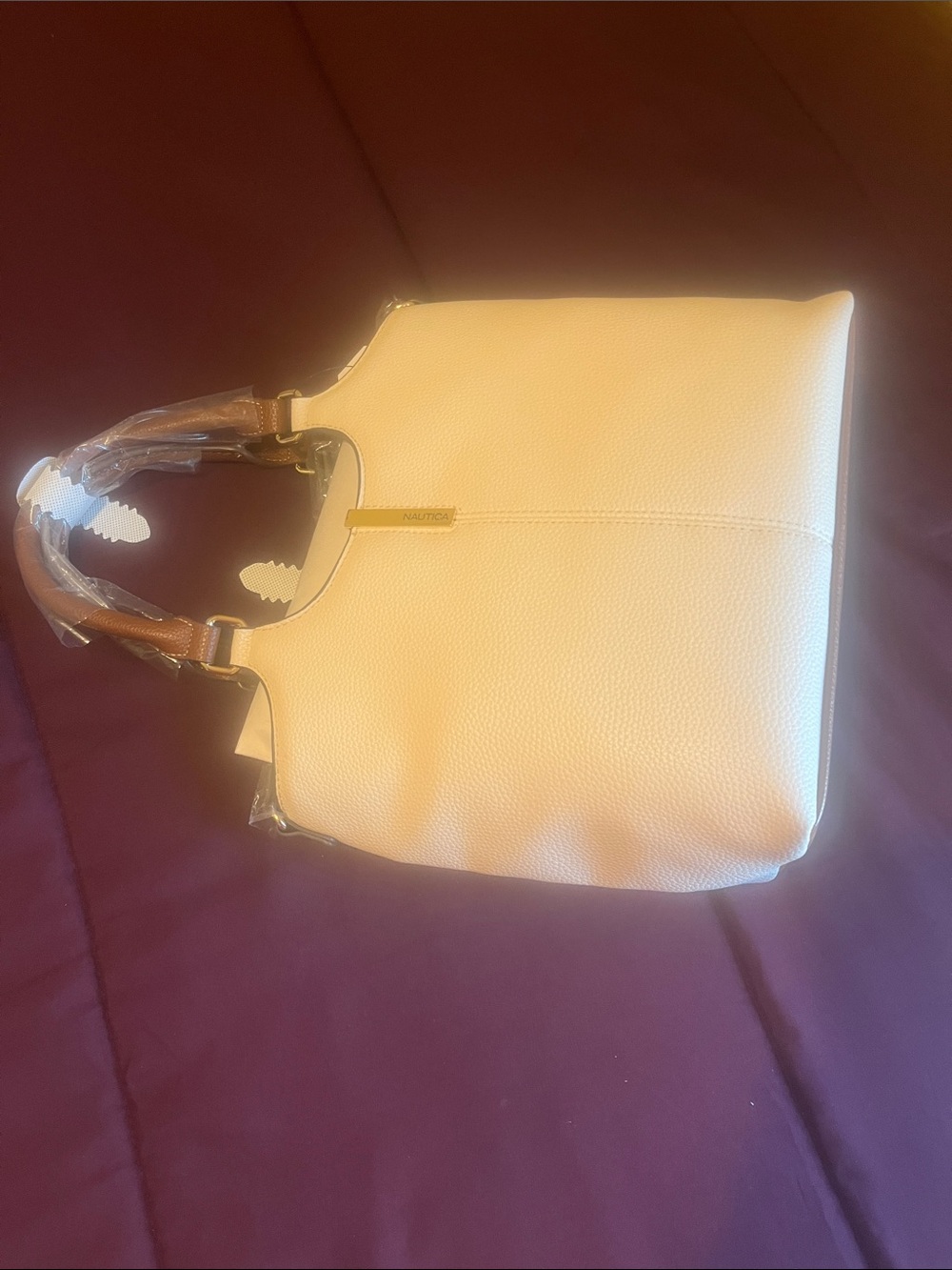 Nautica Cream Pebbled Shoulder Tote with Brown Handles